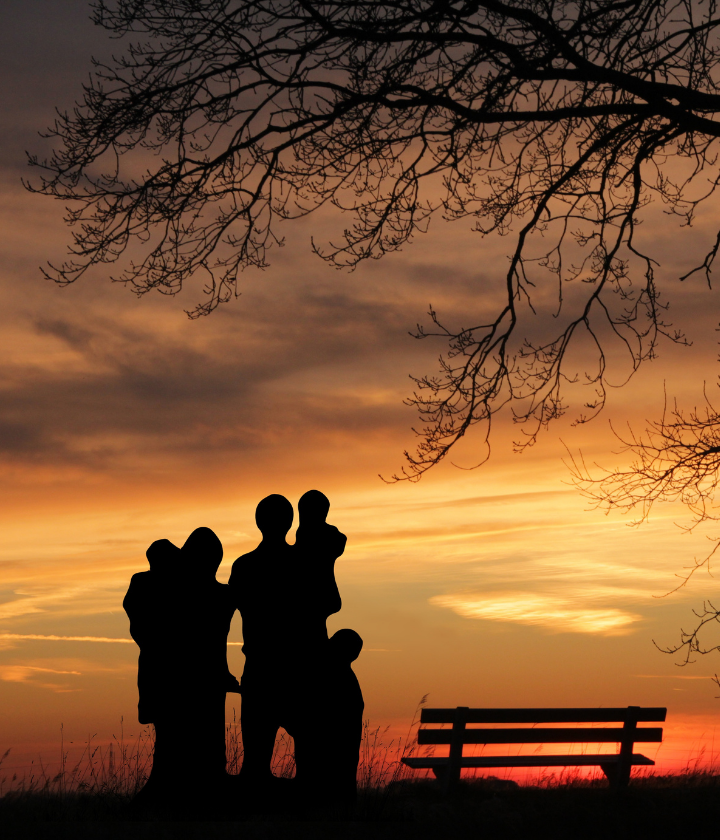 Family silhouette against sunset backdrop